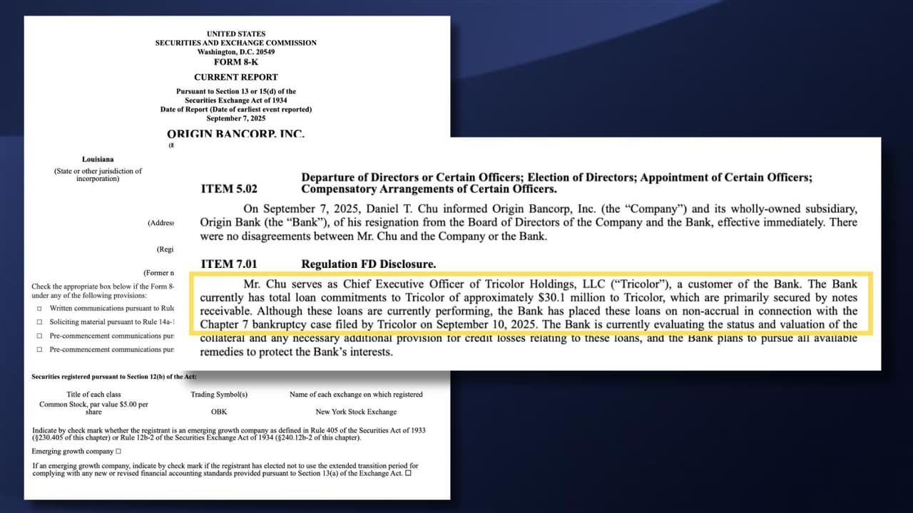 El documento es un aviso oficial de Origin Bank a inversionistas: su cliente Tricolor se declaró en bancarrota y el banco podría perder $30 millones en préstamos. Además, el CEO de Tricolor renunció a la junta del banco tras conocerse la quiebra.