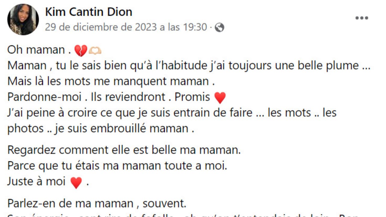 Kim Cantin Dion, hija de Brigitte Dion, emitió este mensaje en Facebook tras la muerte de su madre.