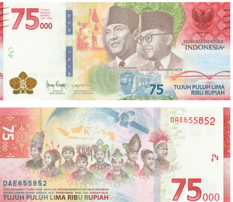 <h3 class="cms-H3-H3">13. Indonesia (75,000 rupias indonesas)</h3>
<br>
<br>Un texto en indonesio acompaña el logotipo del banco, el izamiento de la bandera y a las imágenes del primer presidente y el primer videprecidente, Sukarno y Mohammad Hatta, respectivamente. Además, dentro de la mezcla del rojo, amarillo, verde y azul 
<a href="https://www.theibns.org/joomla/index.php?option=com_content&view=article&id=792&catid=13&Itemid=51" target="_blank">hay un tren, un puente, autopistas y un escudo de armas. </a>
<br>
<br>Mientras tanto, en el reverso se pueden observar niños vestidos con trajes nativos, el mapa del país y el logotipo del banco. 
<br>