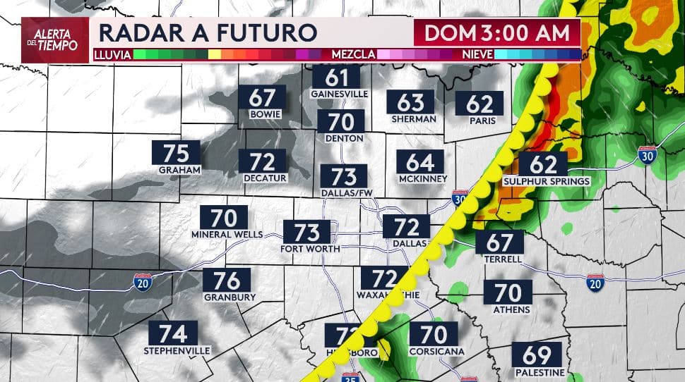 El domingo durante la madrugada, 
<b>algunos aguaceros y tormentas podría afectar el este de nuestra región en zonas como Sulphur Springs y Terrell.</b>