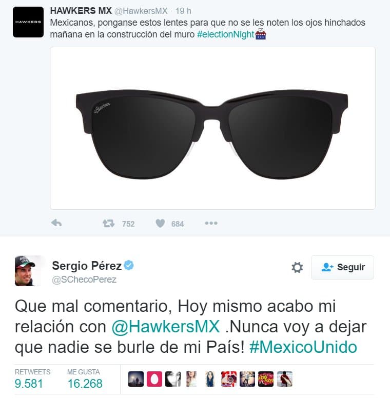 El controversial tuit de Hawkers (ya borrado) y la rápida respuesta de Sergio Pérez.