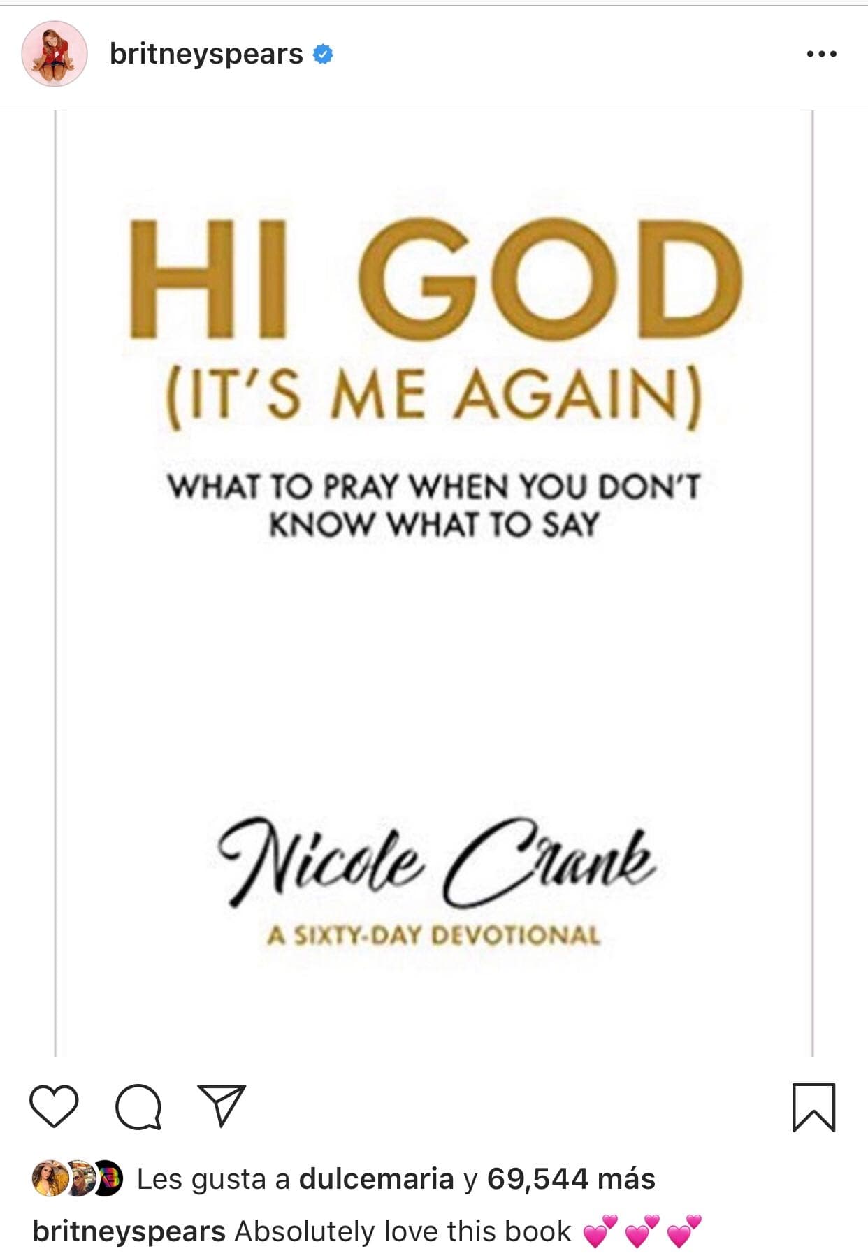 Hasta el momento, la cantante no se ha pronunciado al respecto. El martes 17 de septiembre publicó en 
<b><a href="https://www.instagram.com/p/B2iBElAgiAR/">su cuenta de Instagram</a></b> la portada del libro: 
<b><a href="https://www.amazon.com/Hi-God-Its-Me-Again/dp/1943217602" target="_blank">'Hi God: (it's me again)'</a></b> y la acompañó con el siguiente texto: "Absolutamente 
<b>amo este libro</b>".