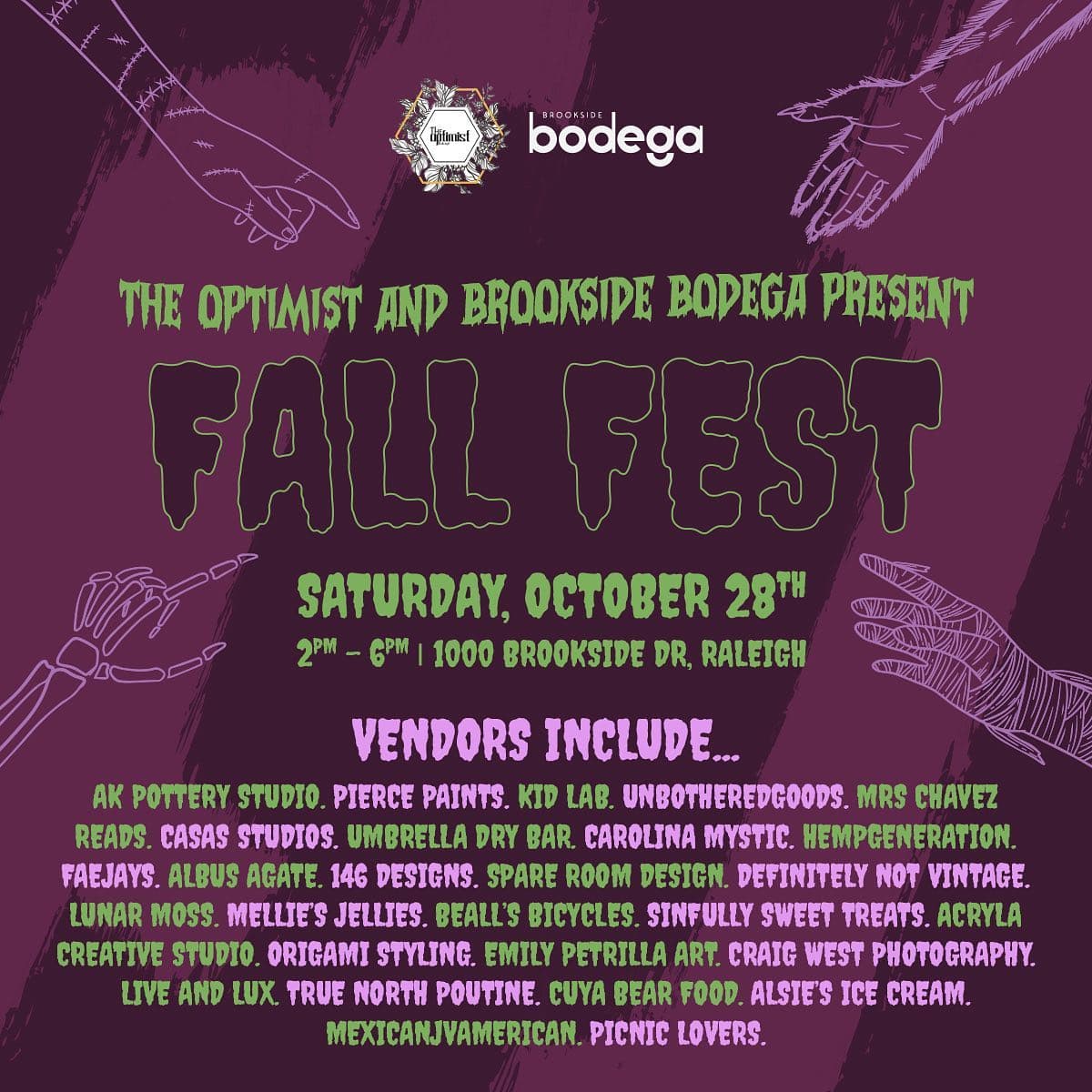<b>Evento</b>: Fall Fest Block Party
<br>
<b>Fecha</b>: 28 de octubre
<br>
<b>Lugar</b>: 
<a href="https://maps.app.goo.gl/YmZcy41xGMn8pVQL8">Brookside Bodega. 1000 Brookside Dr. Ste. 119. Raleigh, NC. 27604</a>
<br>
<b>Sitio web</b>: 
<a href="https://www.brooksidebodega.com/">https://www.brooksidebodega.com/</a> 
<br>
<br>Este evento familiar celebrará el vecindario con camiones de comida, un concurso de disfraces de Halloween, vendedores, juegos y más.