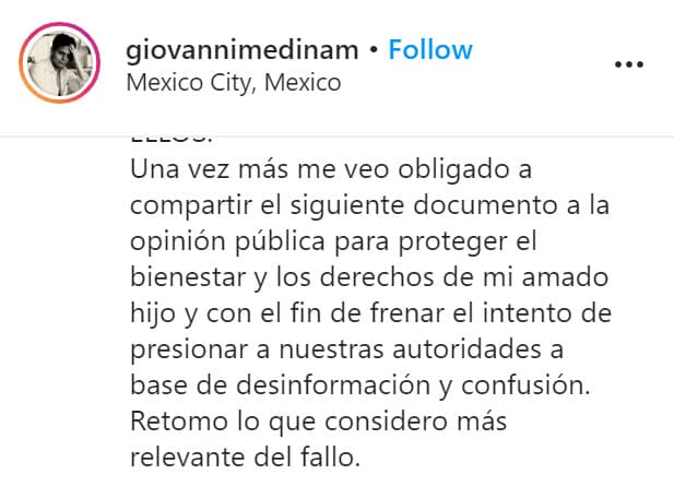 Junto con la imagen, Medina escribió: "Una vez más 
<b>me veo obligado</b> a compartir el siguiente documento a la opinión pública para proteger el bienestar y los derechos de mi amado hijo y con el fin de frenar el intento de presionar a nuestras autoridades a base de desinformación y confusión".
<br>