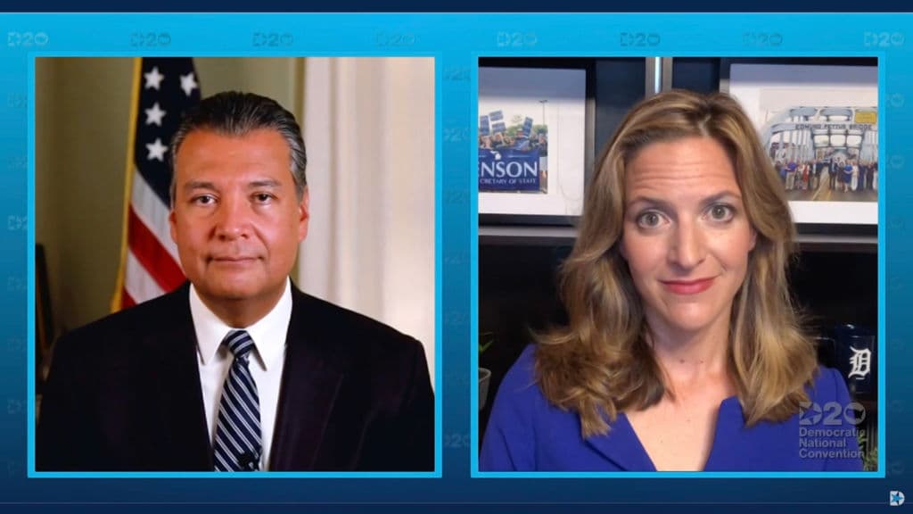 El secretario de Estado de California California Alex Padilla y su homóloga de Michigan Jocelyn Benson recordaron a los televidentes que votar por correo es seguro, pese a las quejas del presidente Trump quien asegura, sin que exista respaldo alguno para su queja, que el voto por correo se presta a fraude.