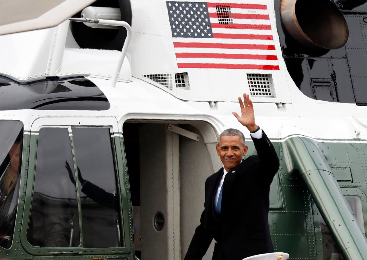 Former President Barack Obama waves as he departs the East Front of the U.S. Capitol, Friday, Jan. 20, 2017 in Washington after the inauguration of President Donald Trump. (AP Photo/Alex Brandon)