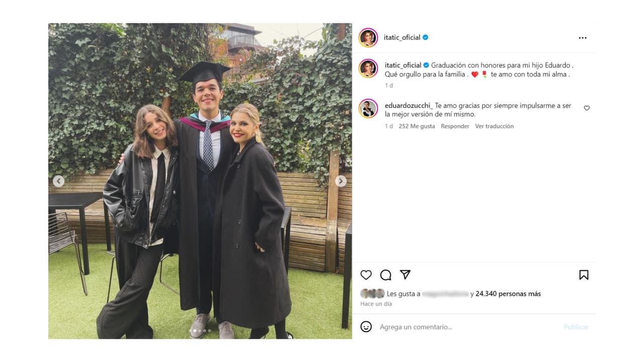 Itatí Cantoral orgullosa de la graduación de su hijo Eduardo.