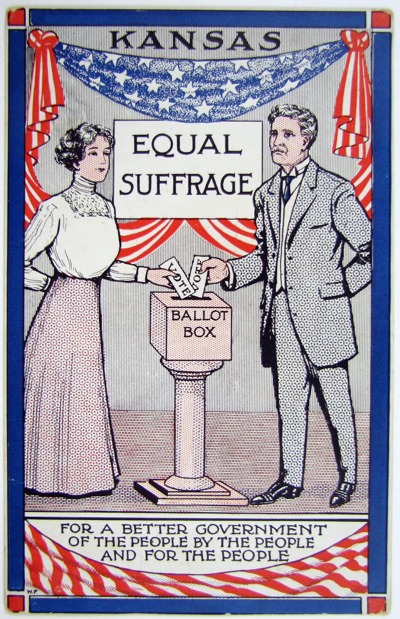 La lucha por el voto femenino también se dio en los estados como muestra esta tarjeta de Kansas que data de 1912 en la que se ve a un hombre y una mujer delante de una urna de votación y con la leyenda "Sufragio Igualitario".