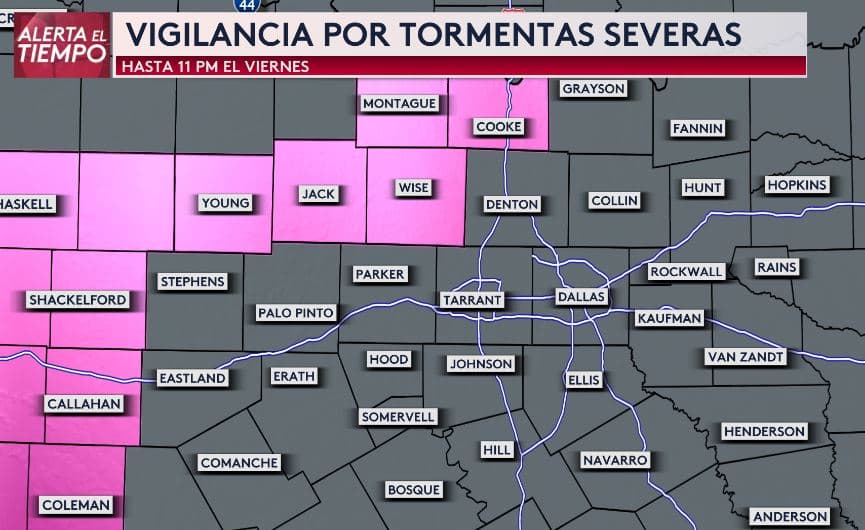 Se ha emitido una Vigilancia por Tormentas Severas hasta el viernes a las 11pm para los condados de Montague, Cooke, Wise, Jack, Young y Coleman.