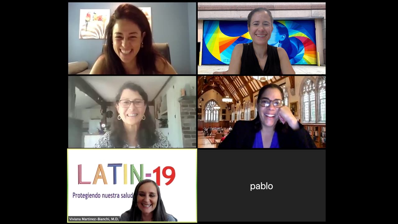 “Las doctoras” de LATIN-19 y otros profesionales médicos se reúnen semanalmente con miembros de la comunidad de Carolina del Norte para discutir los desafíos y soluciones a las disparidades de salud pública. De izquierda a derecha, la enfermera y profesora Rosa Gonzalez-Guarda, la pediatra Gabriela Maradiaga-Panayotti, la profesora de enfermería Irene Felsman, la endocrinóloga Leonor Corsino, la médico de la familia Viviana Martínez-Bianchi. También estuvo presente Pablo Friedmann, coordinador de recursos multilingües para las escuelas públicas de Durham.