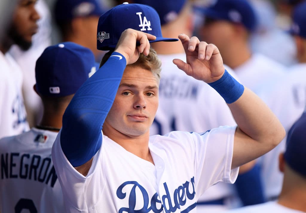 LOS ANGELES, CALIFORNIA - OCTOBER 03: Gavin Lux #48 of the Los Angeles Dodgers looks on from the dug out before game one of the National League Division Series against the Washington Nationals at Dodger Stadium on October 03, 2019 in Los Angeles, California. (Photo by Harry How/Getty Images)