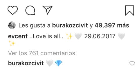 Junto a ella escribió: "El amor es todo... 29.06.2017". El protagonista de Amor Eterno respondió a la publicación con un emoji de corazón y un diamante.