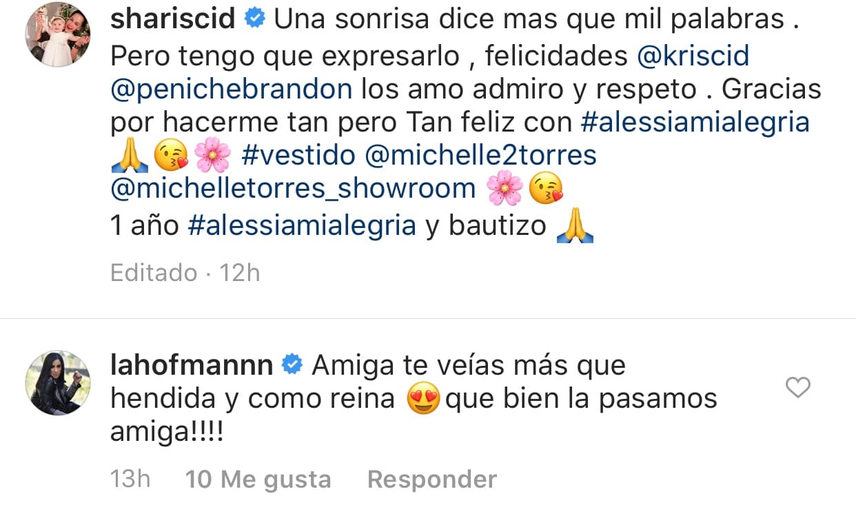 "Una sonrisa dice más que mil palabras, pero tengo que expresarlo. Felicidades Kris Cid, Brandon Peniche, los amo admiro y respeto. Gracias por hacerme tan, pero tan feliz con Alessia", escribió la actriz.