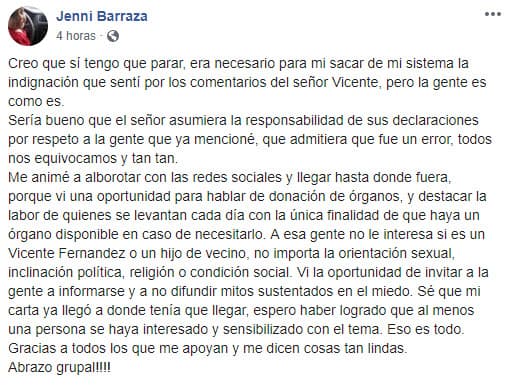 Este 10 de mayo Jenni hizo otra publicación donde agradeció las muestras de apoyo recibidas: "Sé que mi carta ya llegó a donde tenía que llegar, espero haber logrado que al menos una persona se haya interesado y sensibilizado con el tema. Eso es todo. Gracias a todos los que me apoyan y me dicen cosas tan lindas".
<br>