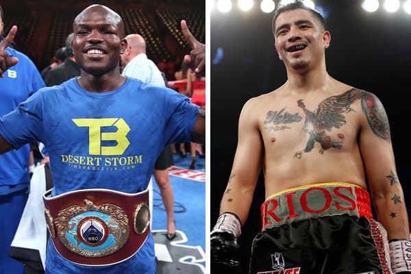 Timothy Bradley y Brandon Ríos con jueces y réferi