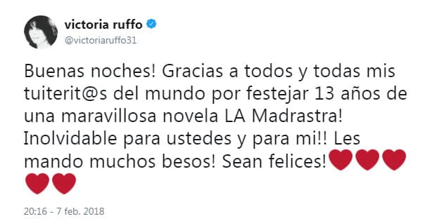 Este 2018 se cumplen 13 años de su estreno, por eso la actriz y sus seguidores en Twitter celebraron el aniversario: "¡Buenas noches! Gracias a todos y todas mis tuiterit@s del mundo por festejar 13 años de una maravillosa novela La Madrastra, inolvidable para ustedes y para mi. Les mando muchos besos. ¡Sean felices!".