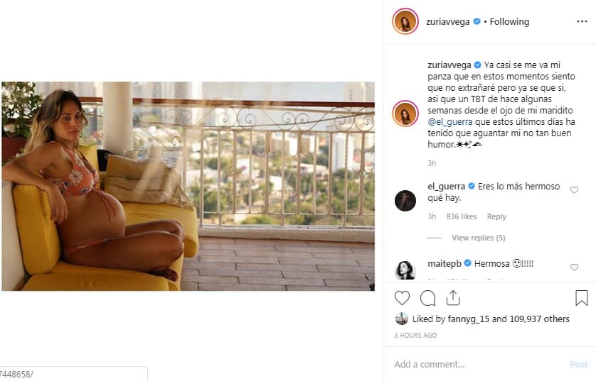 Zuria Vega podría dar a luz en cualquier momento y ha compartido a través de las redes sociales su sentir ahora que se encuentra en la fase final de su embarazo, como en la foto compartida la mañana de este jueves.