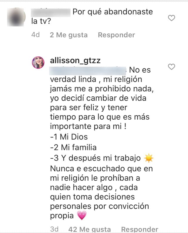 "Nunca he escuchado que en mi religión le prohíban a nadie hacer algo, cada uno toma decisiones personales por convicción propia", finalizó en su respuesta del pasado lunes 26 de octubre. 
<br>