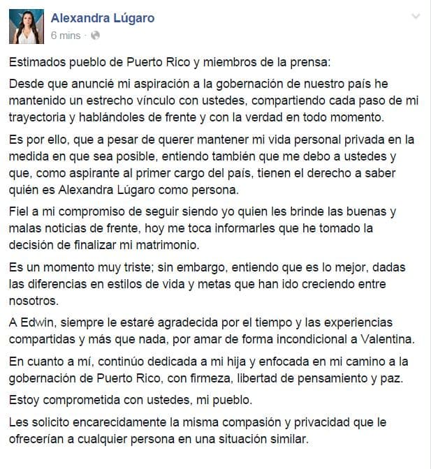 Alexandra Lúgaro anuncia su divorcio.