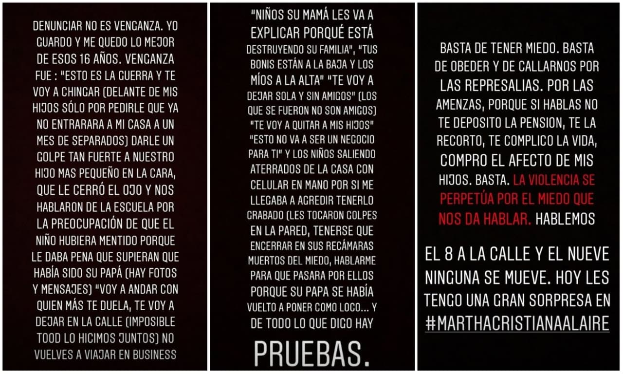 En su cuenta de Instagram 
<b>detalló algunos pasajes de violencia física y verbal</b> que vivió junto a sus hijos: "
<b>Darle un golpe tan fuerte a nuestro hijo</b> más pequeño en la cara, que le cerró el ojo y nos hablaron de la escuela por la preocupación". La modelo mexicana aseguró que tiene pruebas.
<br>
