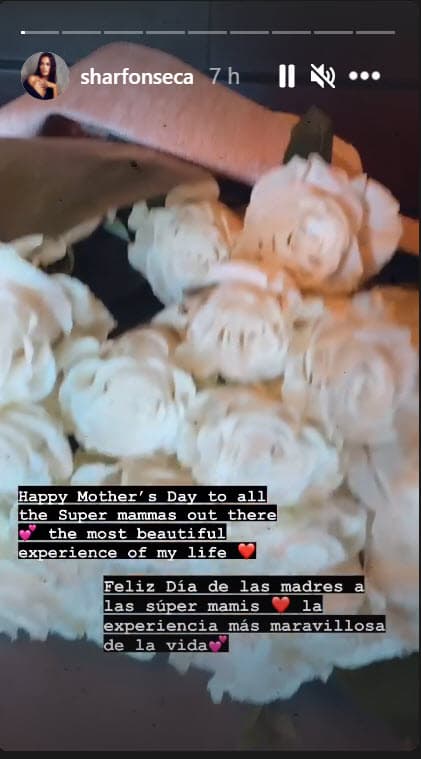 En Instagram, compartió una imagen del ramo de rosas blancas que le obsequió el dj y admitió que ser mamá es 
<b><a href="https://www.univision.com/famosos/a-casi-un-mes-de-ser-madre-sharon-fonseca-se-olvida-de-la-cesarea-con-una-noche-de-baile-al-ritmo-de-suavemente-video" target="_blank">"la experiencia más maravillosa". </a></b>
<br>