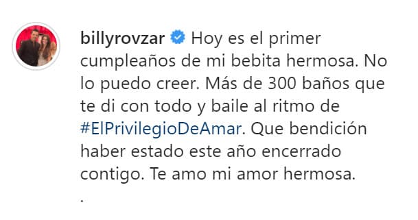 "No lo puedo creer. 
<b><a href="https://www.instagram.com/p/CJRPhrulEgL/" target="_blank">Más de 300 baños que te di </a></b>con todo y baile al ritmo de 'El privilegio de amar'. Qué bendición haber estado este año encerrado contigo. Te amo, mi amor hermosa", escribió.
<br>