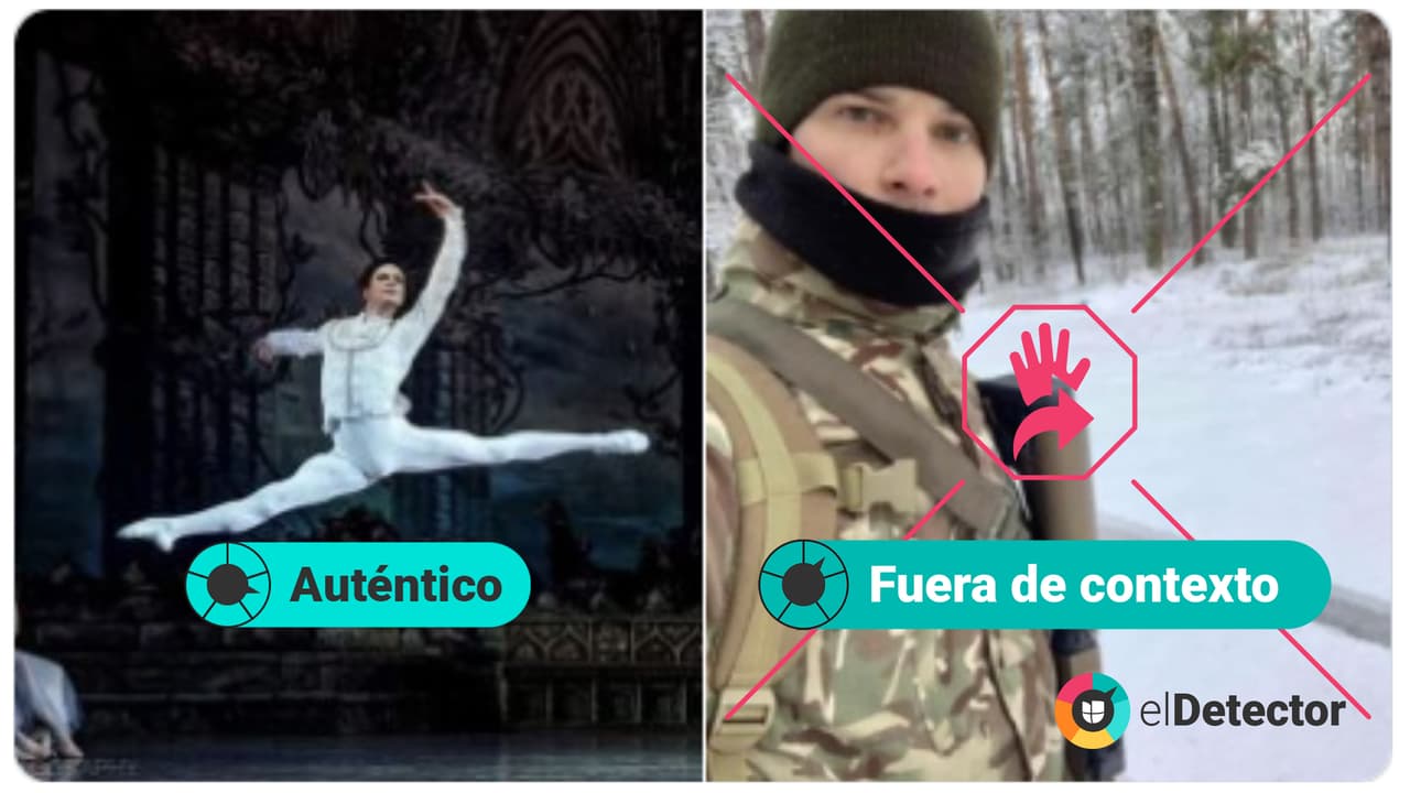 <h3 class="cms-H3-H3">El bailarín que se unió al Ejército </h3>Una imagen con dos fotos que 
<a href="https://perma.cc/GU8E-EP5A"><u>se hizo viral en Twitter</u></a> muestra, a la izquierda, a un bailarín de ballet y, a la derecha, a un hombre con arma y uniforme camuflado. En el enunciado lo identifican como Oleksii Potiomkin y dicen que “se ha unido [al ejército de Ucrania] como muchas personas de todos los ámbitos”.
<br>
<br>La foto del bailarín es 
<b>auténtica</b>, porque sí corresponde a la situación que retrata, y la otra del hombre con uniforme 
<b>está fuera de contexto</b>, porque aunque es Potiomkin, no registra a su protagonista dentro de la guerra en Ucrania. 
<br>
<br>Potiomkin sí es bailarín, está en las dos fotos, pero la gráfica que lo retrata vestido de militar
<b> </b>fue publicada
<b> <a href="https://www.facebook.com/photo.php?fbid=7520215121323636&set=pb.100000056677260.-2207520000..&type=3">el 14 de febrero de 2022</a>, diez días antes de que se iniciara el conflicto.</b>
<br>
<br>La foto de la izquierda corresponde a Oleksii Potiomkin en un 
<a href="https://kievvlast.com.ua/style/teatralnaya-afisha-kieva-na-mart-2020-goda"><u>cartel teatral de “El lago de los cisnes”</u></a> del año 2020, 
<a href="https://kzsection.info/green/swan-lake-adagio-muromtseva-potiomkin-beloe-ada-io-lebedinoe-ozero-muromceva-potemkin/zZmJkaKjhZ2seKs.html"><u>donde participó como bailarín</u></a>.
<br>
<br>Verificamos la autenticidad de las fotos con la búsqueda inversa de imágenes de Google y revisando el 
<a href="https://www.facebook.com/photo.php?fbid=7520215121323636&set=pb.100000056677260.-2207520000..&type=3"><u>Facebook del bailarín</u></a>.
<br>
<br>La también bailarina 
<a href="https://instagram.com/janekorshunova?utm_medium=copy_link"><u>Jane Korshunova</u>, esposa de Potiomkin, </a>respondió por DM de Instagram a 
<b>elDetector </b>que las dos fotos son reales y en ambas sí se ve a su esposo. “Sí, este es mi marido, y también está en las dos fotos. Oleksii ama mucho a Ucrania y es un verdadero patriota”.
<br>
<br>Explicó que Potiomkin no estuvo en el ejército antes de la guerra, pero “desde hace tiempo iba a disparar al campo de tiro”, por lo que 
<a href="https://www.facebook.com/photo.php?fbid=7520215121323636&set=pb.100000056677260.-2207520000..&type=3"><u>se le ve con esa ropa</u></a> en la foto publicada el 14 de febrero. 
<br>
<br>Sobre si se unió al ejército por la invasión de Rusia a Ucrania , como dice la 
<a href="https://perma.cc/GU8E-EP5A"><u>publicación viral</u></a>, afirmó que sí, pero que su trabajo es transportar heridos y no estar en la línea de fuego. 
<br>