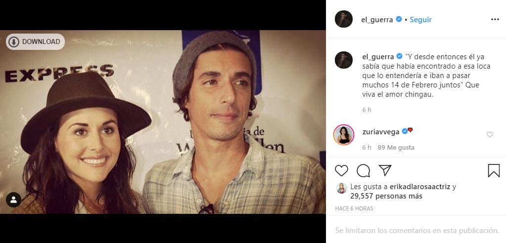 Pero el actor no se quedó atrás y también publicó en Instagram una foto donde salen juntos: "Y desde entonces él ya sabía que había encontrado a esa loca que lo entendería e iban a pasar muchos 14 de Febrero juntos. ¡Qué viva el amor!".