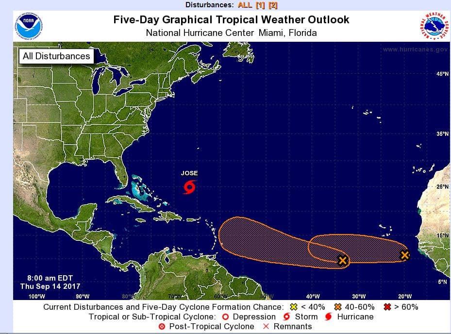 The U.S. National Hurricane center map on Sept 14 shows two new systems forming