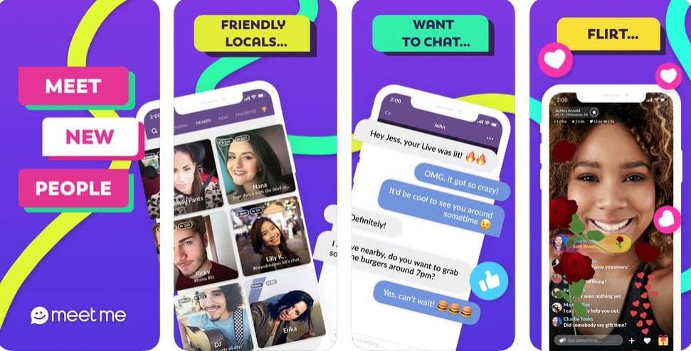 MeetMe: es una aplicación de citas que anima a los usuarios a reunirse en persona. La aplicación utiliza la ubicación geográfica del usuario para permitirles conectarse con personas cercanas.