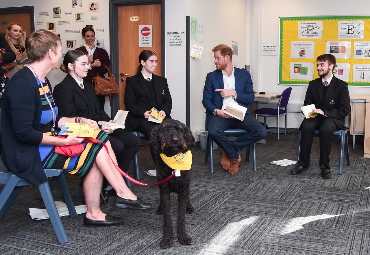 En su visita, el esposo de Meghan Markle también convivió con un perro de terapia llamado Barney.