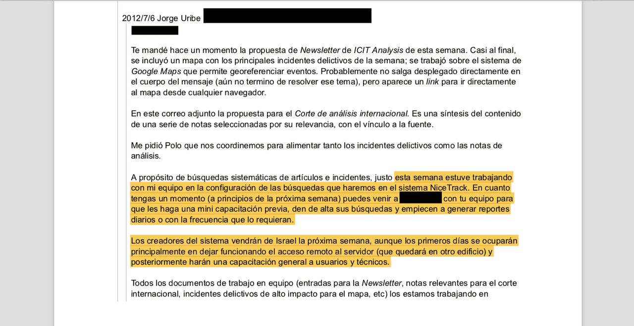 En este correo de 2012 se menciona que en Icit utilizaban el software israelí NiceTrack.