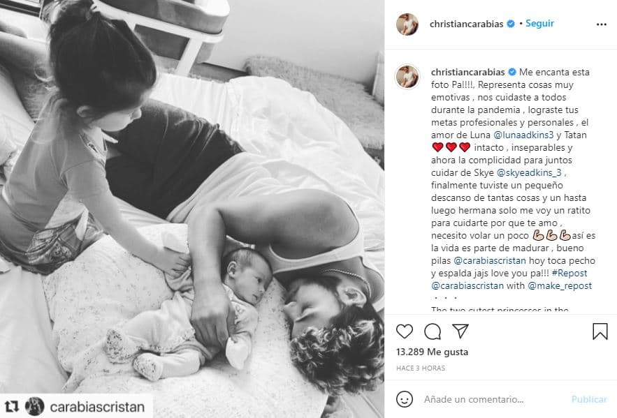 El papá de Cristan, Christian Carabias, retomó la imagen y la publicó en su red social. Escribió el siguiente mensaje: "¡Me encanta esta foto, pa!". Reconoció cómo Cristan los cuidó "a todos" durante la pandemia, mientras seguía trabajando para lograr sus metas. Finalmente celebró la complicidad que existe con Luna "para juntos cuidar de Skye".