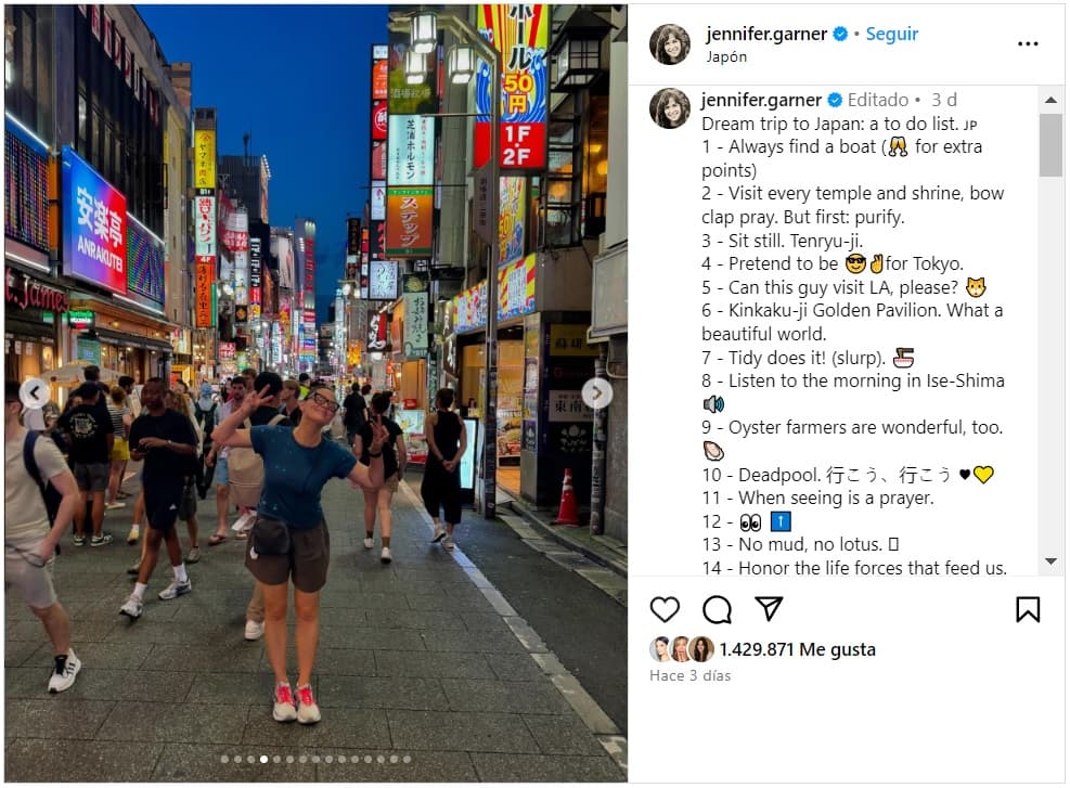 Jennifer Garner mostró en redes sociales que viajó a Japón.