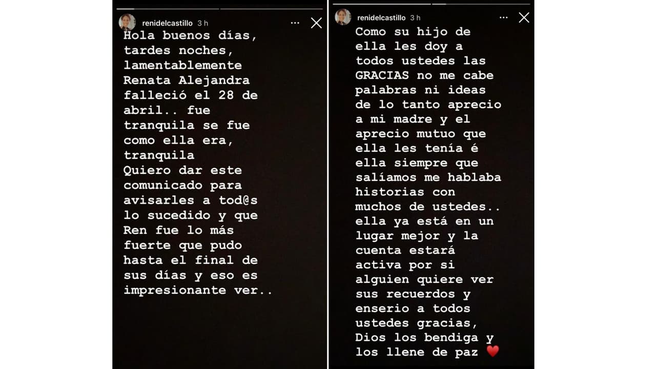 El mensaje del hijo de Renata del Castillo tras muerte de la actriz.