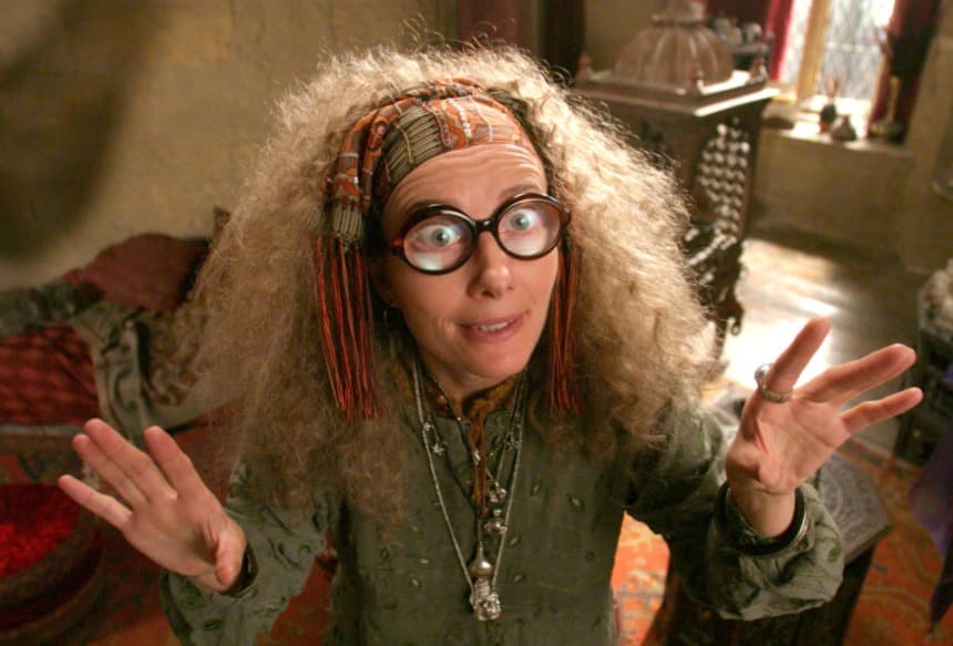 La excéntrica profesora Trelawney fue un personaje que sobrevivió hasta la última cinta de la saga y aun cuando no lo creas debajo de esa peluca y vestuario, se esconde la guapa actriz Emma Thompson.