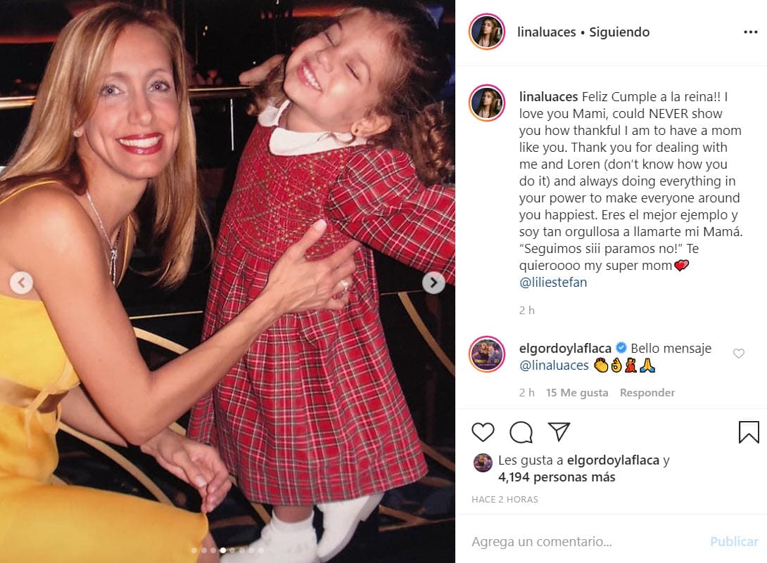 "¡Feliz cumple a la reina! Te amo mami, nunca podría mostrarte lo agradecida que estoy de tener una madre como tú. Gracias por lidear conmigo y Loren (no sé cómo lo haces)". 
<br>