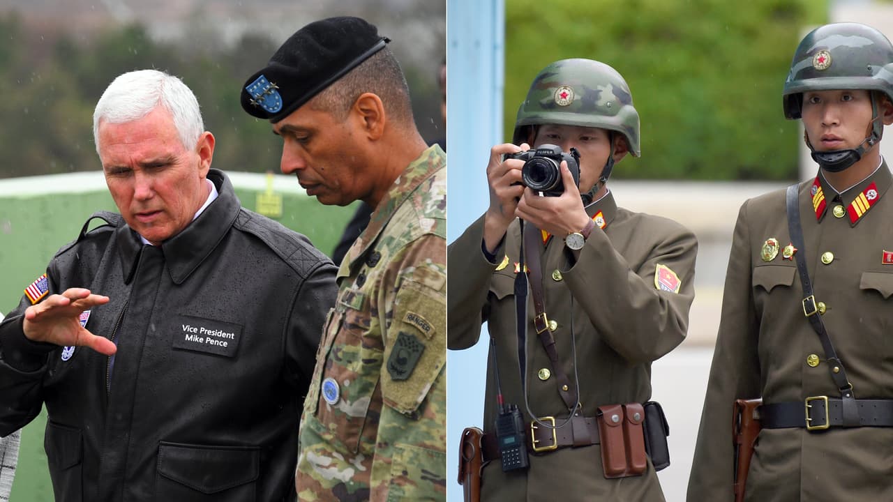 <b>Día 88/Abril 17: </b>El vicepresidente de Estados Unidos, Mike Pence, realizó este el lunes una visita no anunciada a la tensa franja que separa a Corea del Norte y Corea del Sur y, a pocos metros de sus rivales, advirtió a Pyongyang en contra de probar a Washington y Seúl con sus ambiciones nucleares. Según él, "todas las opciones están sobre la mesa" en lo que respecta al programa militar del régimen del líder norcoreano 
<b><a href="https://www.univision.com/temas/kim-jong-un" target="_blank">Kim Jong-Un</a></b>, al que lanzó una advertencia: 
<b>mejor no poner a prueba la determinación del presidente <a href="https://www.univision.com/personas-donald-trump" target="_blank">Donald Trump</a></b>. Al inicio de su gira de 10 días por Asia, en una demostración de fuerza de Estados Unidos, Pence observó a los soldados norcoreanos desde lejos y miró directamente al otro lado de la frontera, delimitada por alambre de espino, según explica AP. Mientras era informado cerca de la línea de demarcación militar, dos soldados norcoreanos lo observaban en la distancia y uno de ellos tomó fotos del visitante estadounidense.