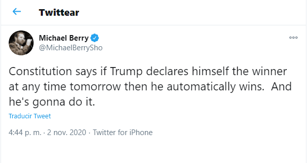Capruta de pantalla tomada de Twitter el 3 de noviembre de 2020.