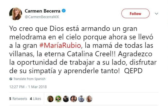 La actriz Carmen Becerra agradeció la aportunidad de trabajar con la artista y un poco en broma comentó que en el cielo se armaba un gran melodrama ya que la muerte sorprendió a María Rubio, un día después del fallecimiento del también histrión mexicano Rogelio Guerra.