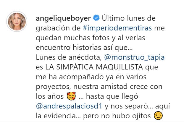 "Último lunes de grabación de Imperio de Mentiras. Me quedan muchas fotos y al verlas encuentro historias", inició en su escrito. 
<br>