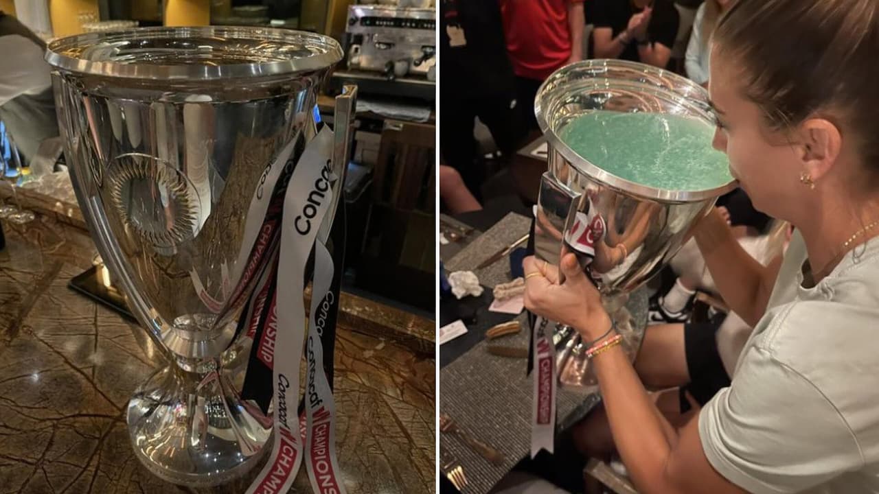 Alex Morgan descubrió cuántas margaritas pueden caber en un trofeo durante festejo