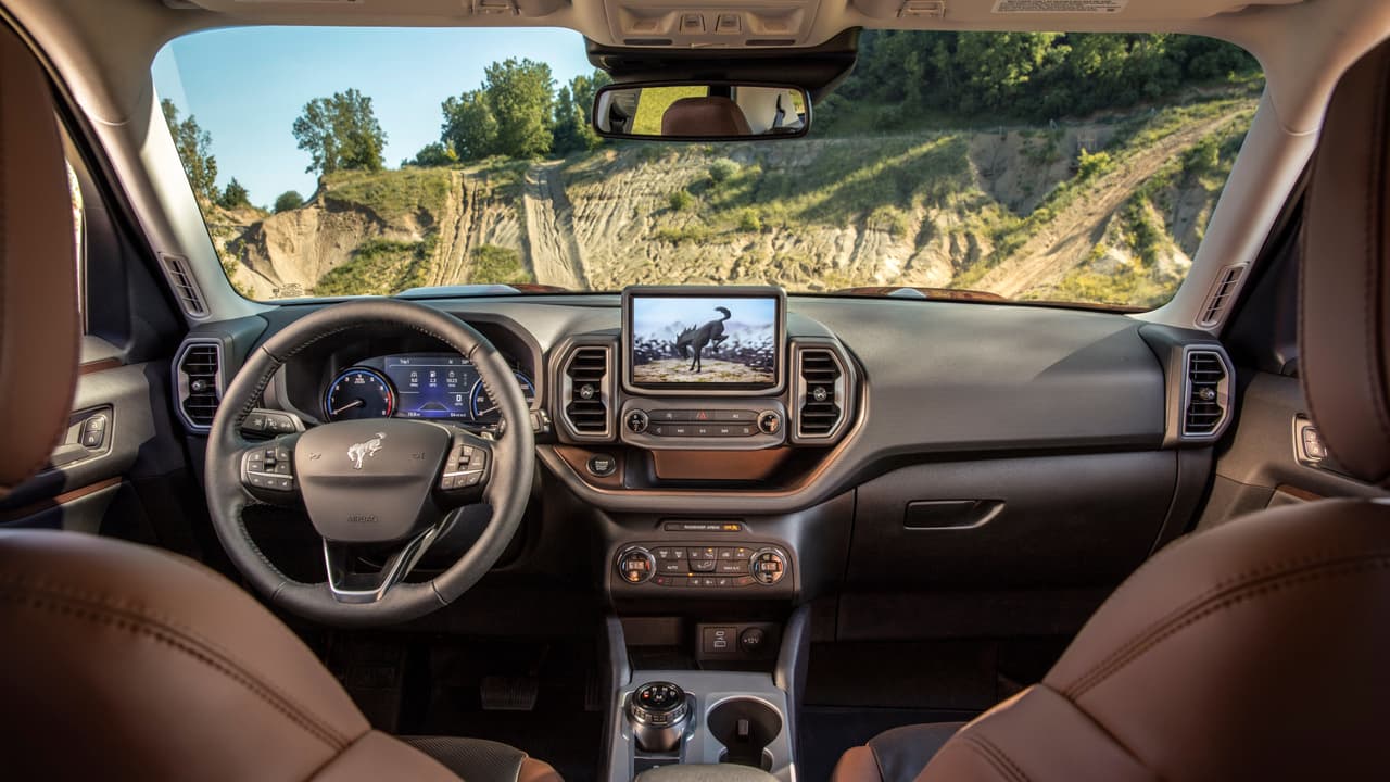 The all-new Bronco Sport small SUV comes standard with an 8-inch touchscreen, which gives the driver a close look at the trail ahead courtesy of an available class-exclusive front off-road camera. (Pre-production model pictured.)