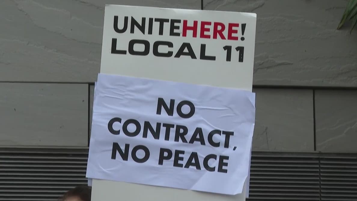 Miles de trabajadores de la industria hotelera en huelga se manifestaron este miércoles en el centro de Los Ángeles insistiendo en su reclamo de contratos laborales justos y en las denuncias de presunta explotación por parte de sus patronos.