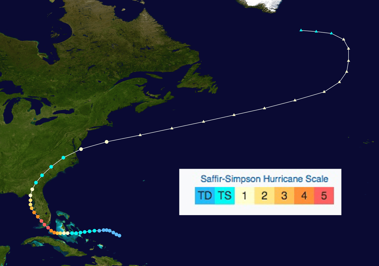 Después de pasar los Cayos, el huracán lentamente continuó hacia el norte paralelo a la costa oeste de Florida. Entró a la península como huracán categoría 2 cerca de Cedar Key el cuatro de septiembre y se debilitó rápidamente hasta convertirse en una tormenta tropical a medida que avanzó tierra adentro a través de Georgia y las Carolinas.
<br>