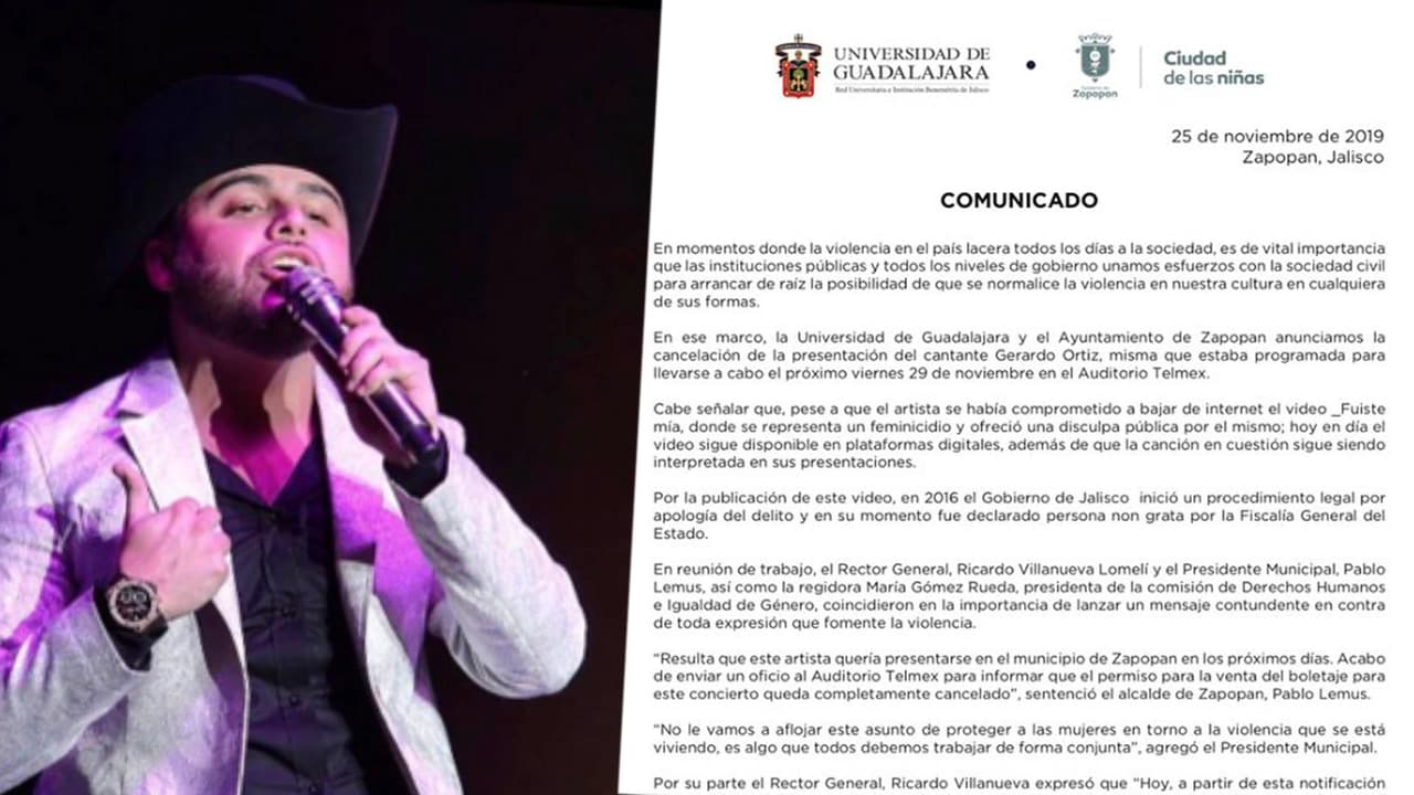 Cancelan concierto de Gerardo Ortiz en Guadalajara por promover la violencia en sus canciones