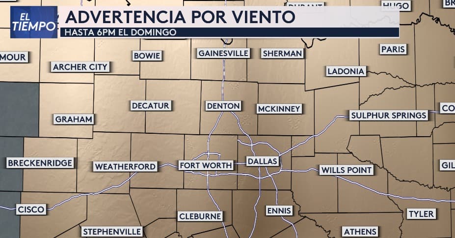 <b>Advertencia por viento en el norte de Texas:</b> Hasta las 6 p.m. de este domingo, se esperan ráfagas de viento de hasta 40 mph, incluye Dallas-Fort Worth Se recomienda precaución al conducir y asegurar adornos y plantas en el hogar para evitar accidentes o daños. ¡Mantente alerta y comparte esta información con tus seres queridos!