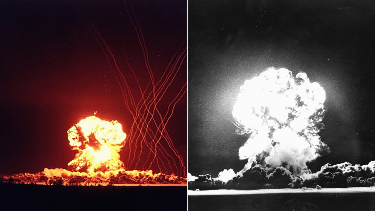 Momento de la explosión de la bomba ‘Hornet’ (Izquierda), un artefacto de 4 kt de fuerza detonado el 12 de marzo de 1955. La bomba ‘Bee’, de 8 kt (derecha) fue detonada diez días después. Ambas con el propósito de experimentar el rendimiento de las armas.