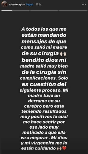 "Mi madre tuvo un derrame en su cerebro, pero está teniendo resultados muy positivos", dijo Tapia, luego de que su mamá, de 61 años, saliera de cirugía en Culiacán, Sinaloa. 
<br>