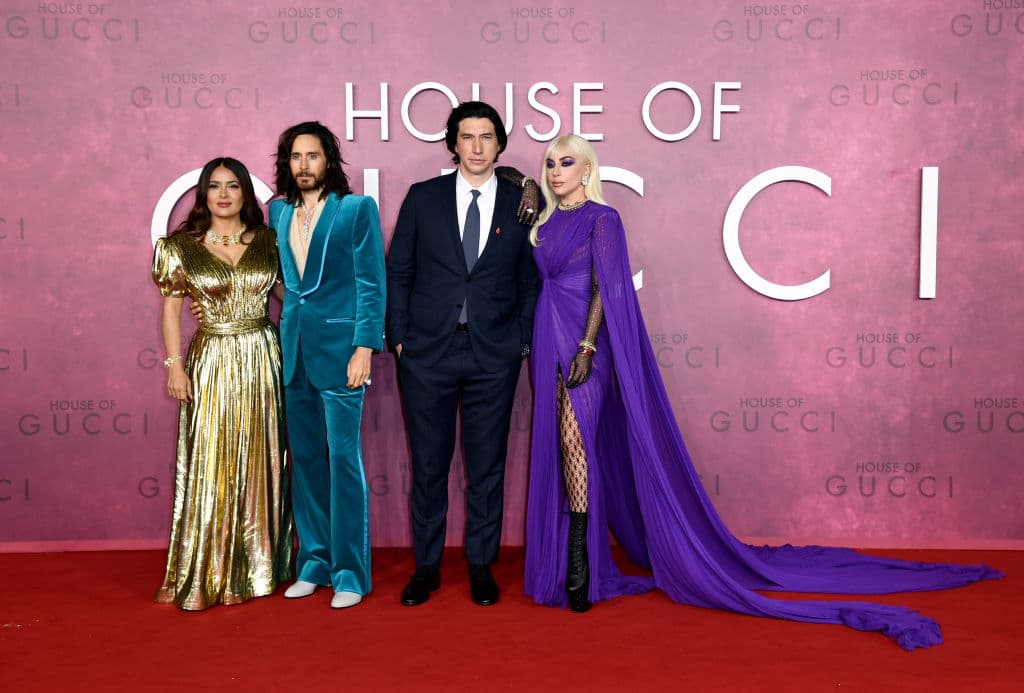 LONDON, ENGLAND - NOVEMBER 09: (L-R) Salma Hayek, Jared Leto, Adam Driver and Lady Gaga attend the UK Premiere Of "House of Gucci" at Odeon Luxe Leicester Square on November 09, 2021 in London, England. (Photo by Gareth Cattermole/Getty Images for Metro-Goldwyn-Mayer Studios and Universal Pictures )